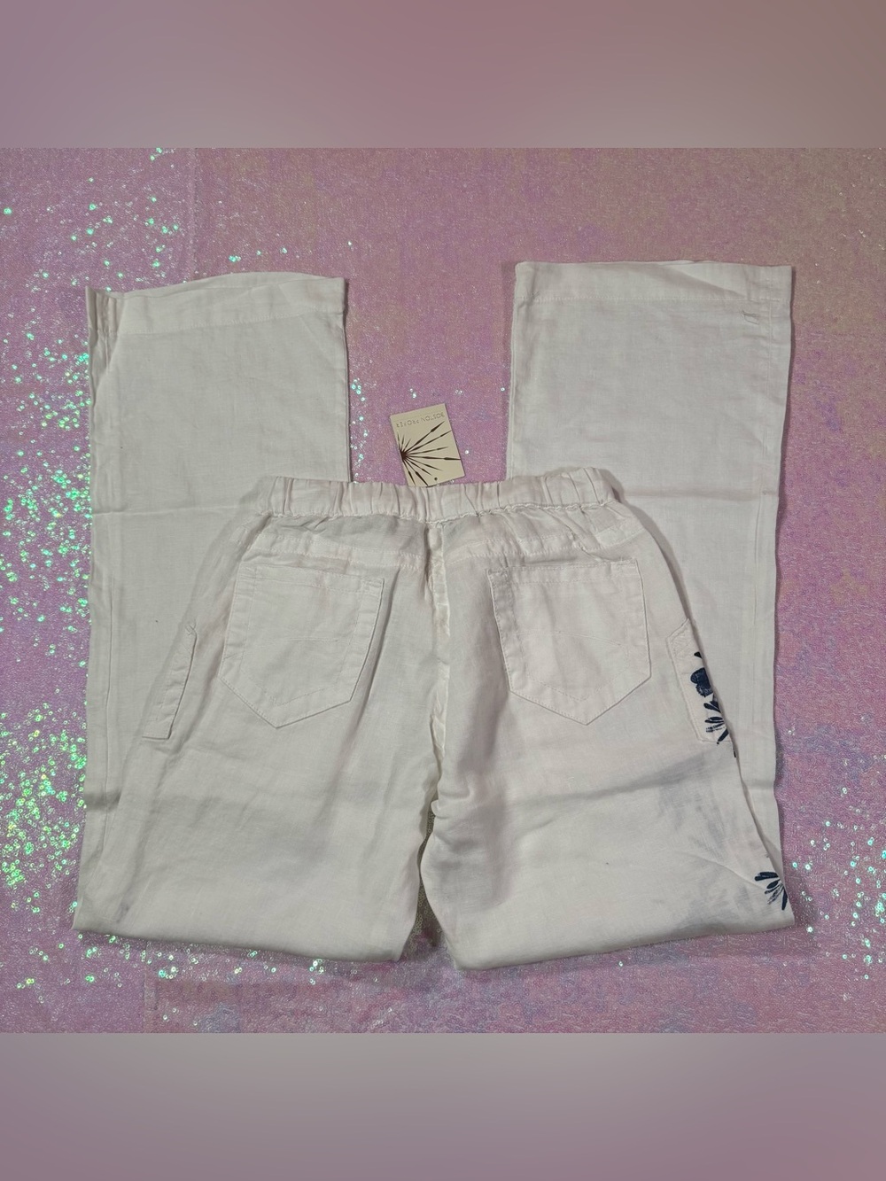 NWT ★ Driftwood White Linen Palazzo Pants with Blue Floral Print (29) ★彡 - Picture 6 of 11